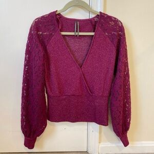 Anthropologie burgundy lace sleeve cropped sweater S